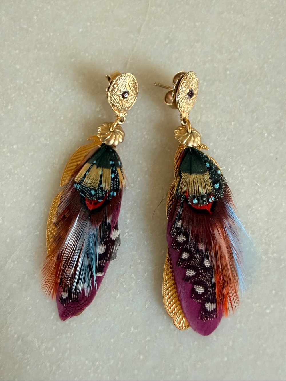 Gas Bijoux Sao Feather Earrings Purple Gold Black Statement